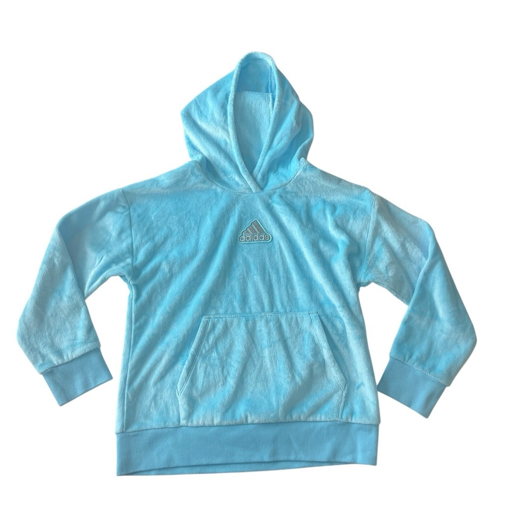 adidas Girls Size M 10/12 Blue Pullover Velour Hoodie Logo Patch Athleisure